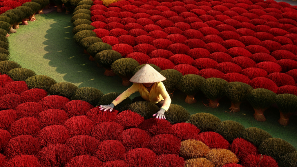 A woman in a traditional non la hat working with red incense sticks, representing the local culture and care environment when recovering from surgery in Vietnam.