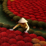A woman in a traditional non la hat working with red incense sticks, representing the local culture and care environment when recovering from surgery in Vietnam.